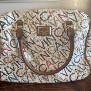 Calvin Klein White Multicolor Logo Satchel with Brown Handles